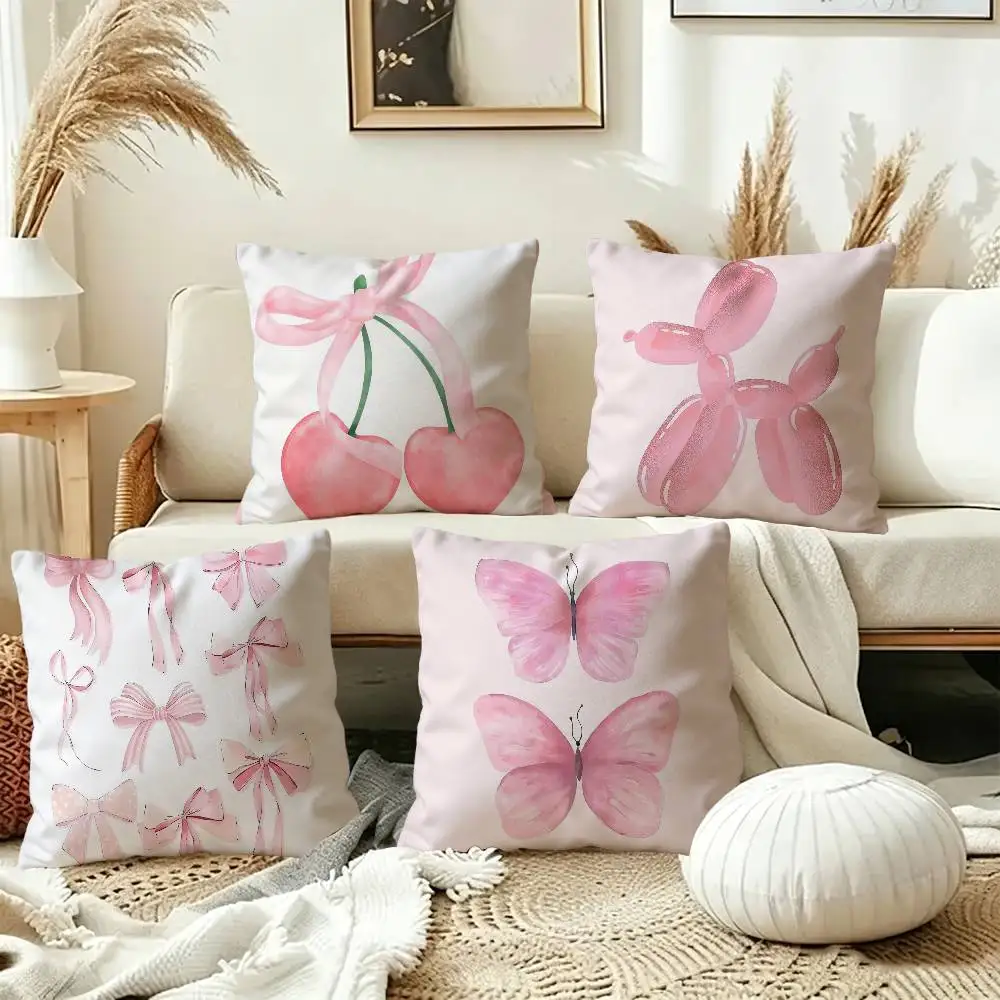 Trendy Pink Cherry Balloon Puppy Butterfly Pillow Covers Cartoon Sofa Decorative Double-sided Printing Short Plush Cute Cushion