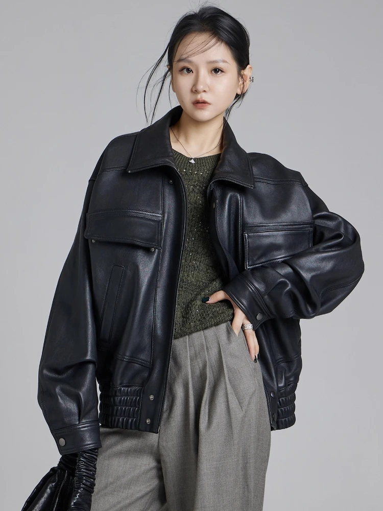 Classic Genuine Leather Motorcycle Jackets for Women Autumn Winter 2025 High-end Simple Casual Soft Black Real Sheepskin Coat