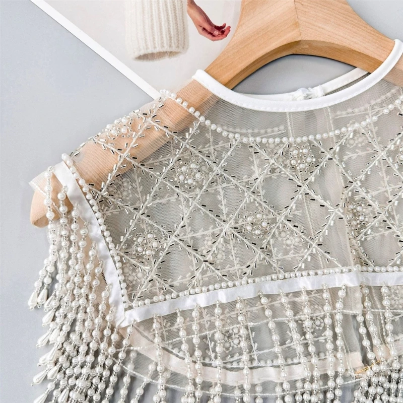 

Elegant Chinese Theme Lace False Collar Shawl With Pearls Fringed Beadwork Cloud Shoulder Wrap For Traditional Event Y166