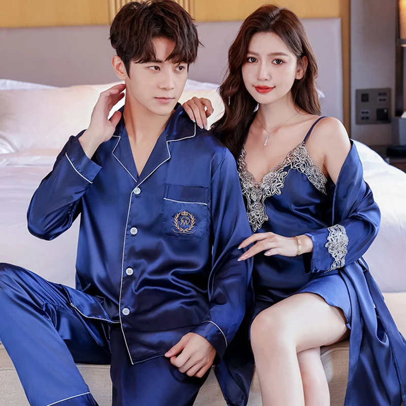 Conjunto de pijamas de seda para dormir para parejas, camisón con tirantes de encaje para mujer con batas, ropa de dormir de boda para novia, conjunto de camisón para hombre