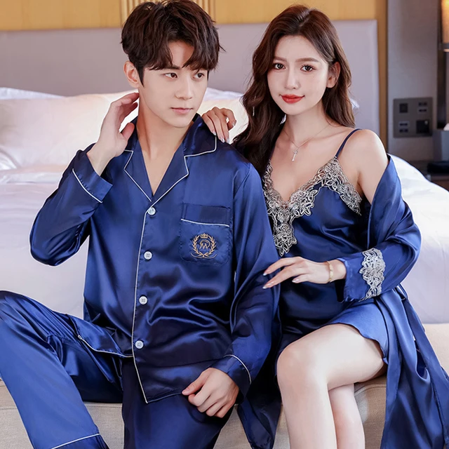 Couple Lounge Sleep Wear Silk Pajamas Set Women Lace Sling Nightdress With Robes Bride Wedding Sleepwear Mens Nightie Set Pajama Pajama Sets AliExpress