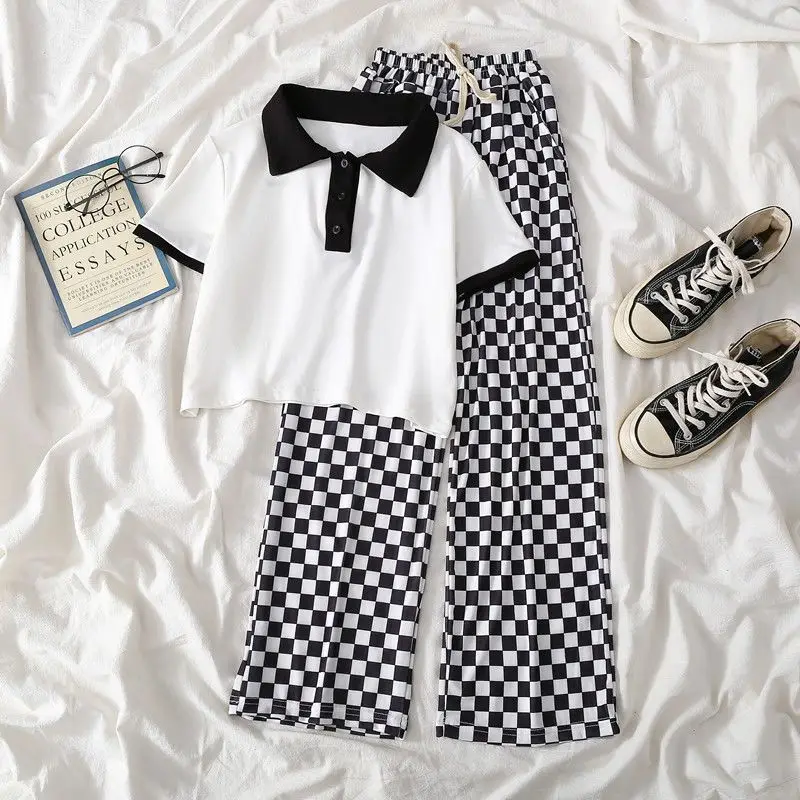 

Girls' Junior Summer New Suit Children's Checkerboard Trousers + Short Sleeve T-shirt 2 Piece Fashion Wide-Legged Pants 3-12Y