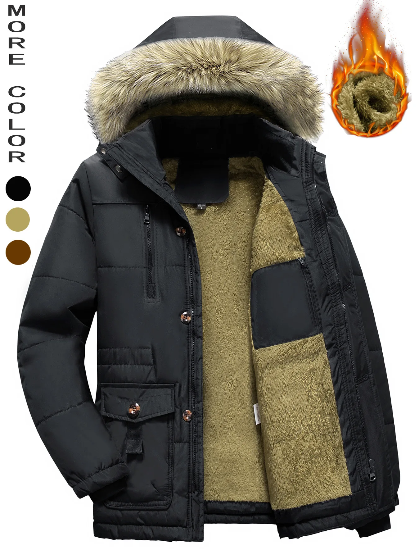 Men's Winter Wool-Collared Cotton-Padded Jacket Thickened Fleece Hooded Coat Warm Middle-Aged Elderly Fathers Clothing