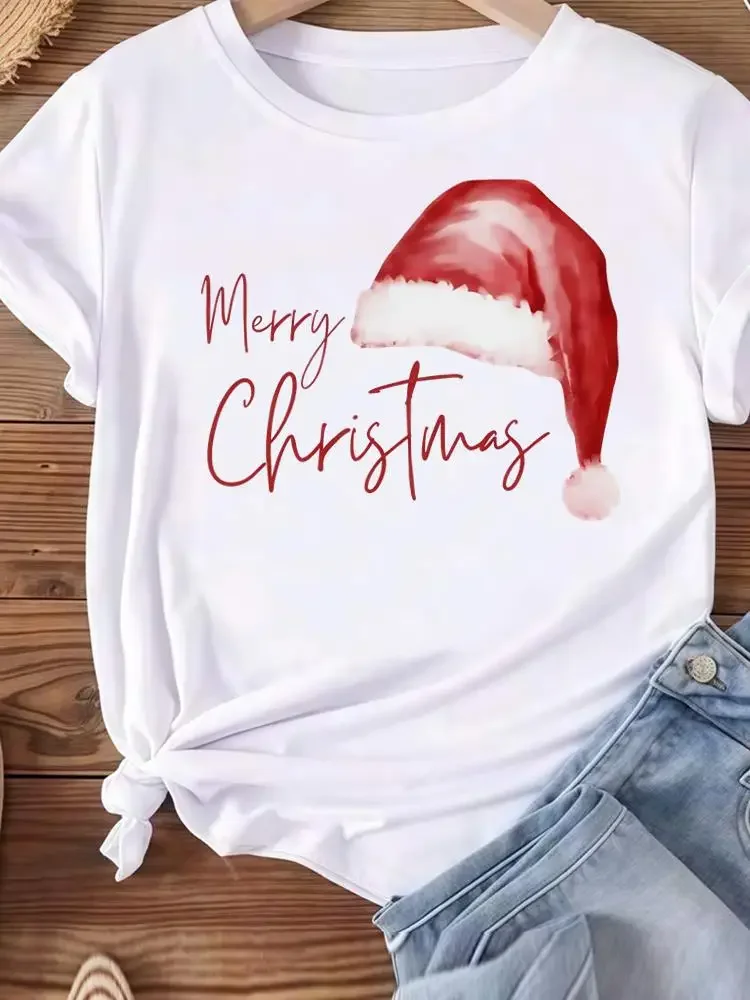 

2026 New Christmas Watercolor Trend Holiday Printed Fashion New Year Women T Shirts Top Merry Tees Clothing Graphic Clothes