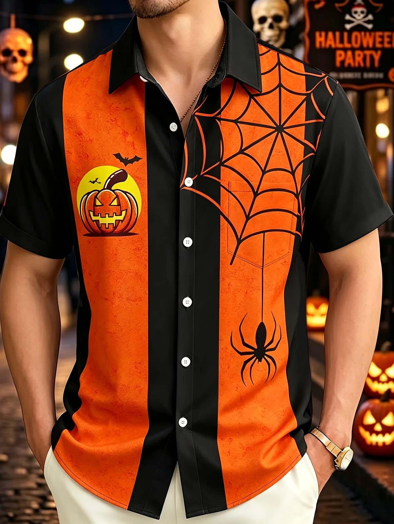 Halloween Pumpkin Spider Web 3D Pattern Printed Hawaiian Shirt Men's Large Button Holiday Party Beach Shirts Short Sleeve Shirt