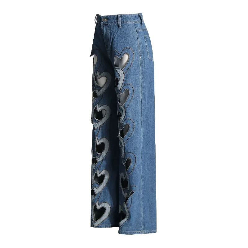 Beautyblue-pantalones vaqueros elegantes con agujeros para mujer, Vaqueros holgados de cintura alta, parte inferior de pierna ancha Y2k, color azul, otoño