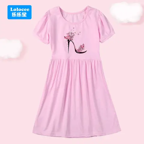 Sommar Babyflickor Bomull Kortärmad Rosa/Lila Klänning Barnmode Tecknad Fjäril Högklackade Mönstrade Klänningar GGX1 8 best sales babyrosa klackar - №6