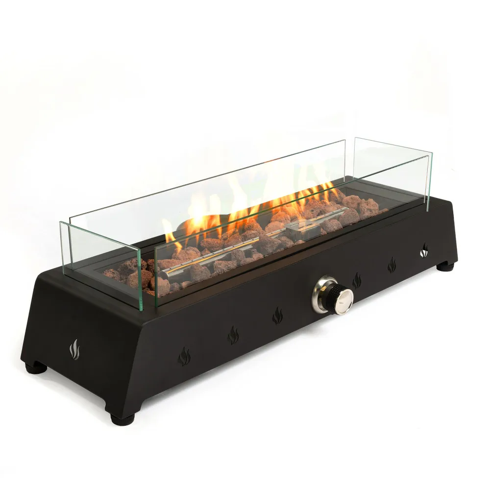 28 inch Tabletop Fire Pit, Propane Gas Fire Pit with Quick Connect Joint, Glass Wind Guard and Lava Rock, Outdoor Portable