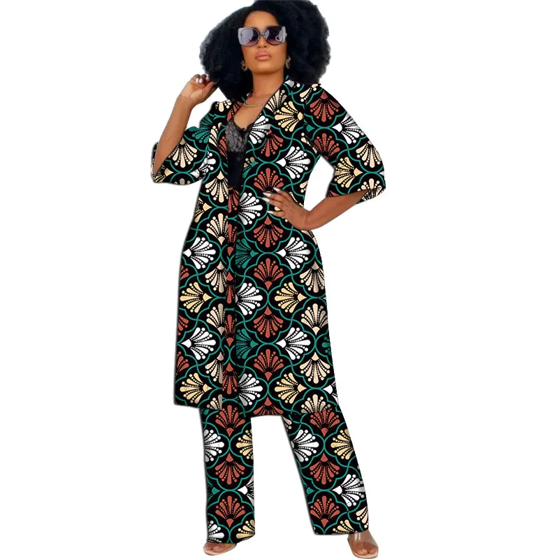 Women African Clothing Cardigan Coat Set Extended Windbreak Half Sleeve Tops With Straight Pants Ankara Outfits