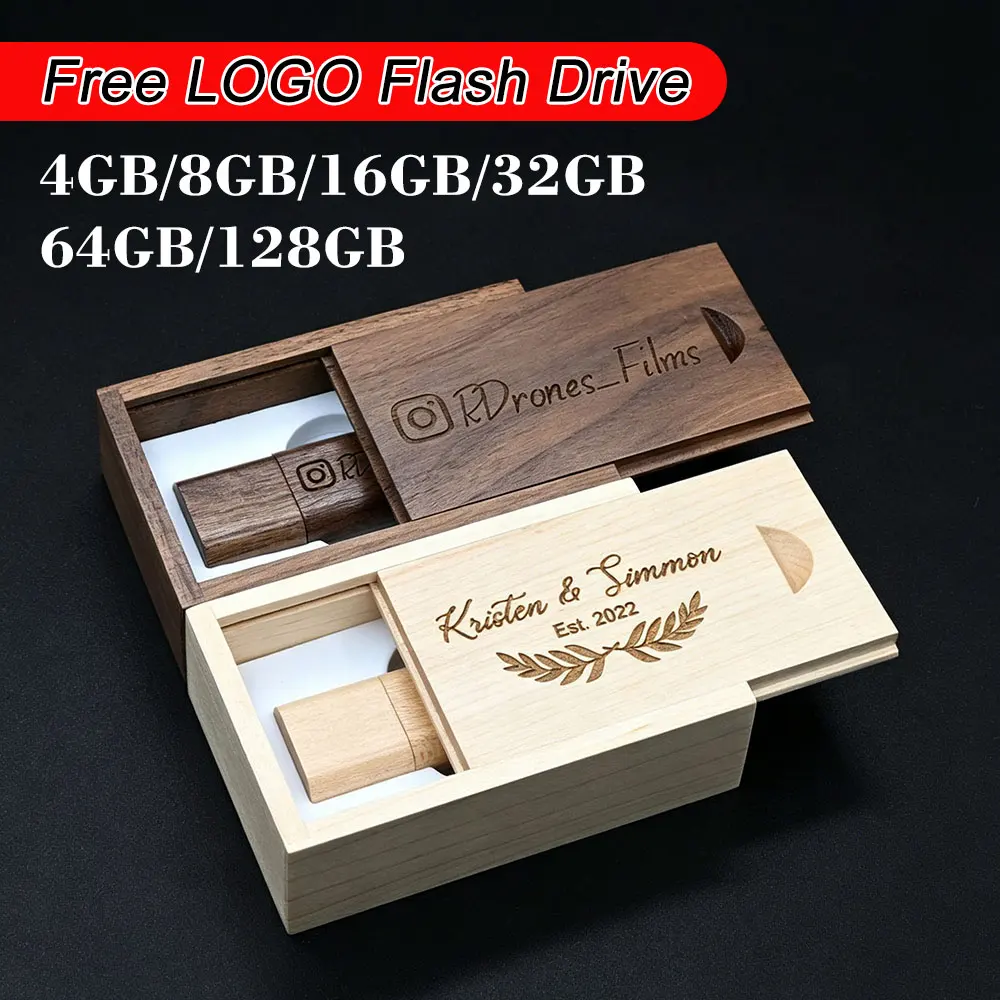 

USB 2.0 Flash Drive 128GB Wooden Box Pen Drive 64GB Memory Stick Storage Device Creative Business Gift Pendrive 32GB 16GB 8GB