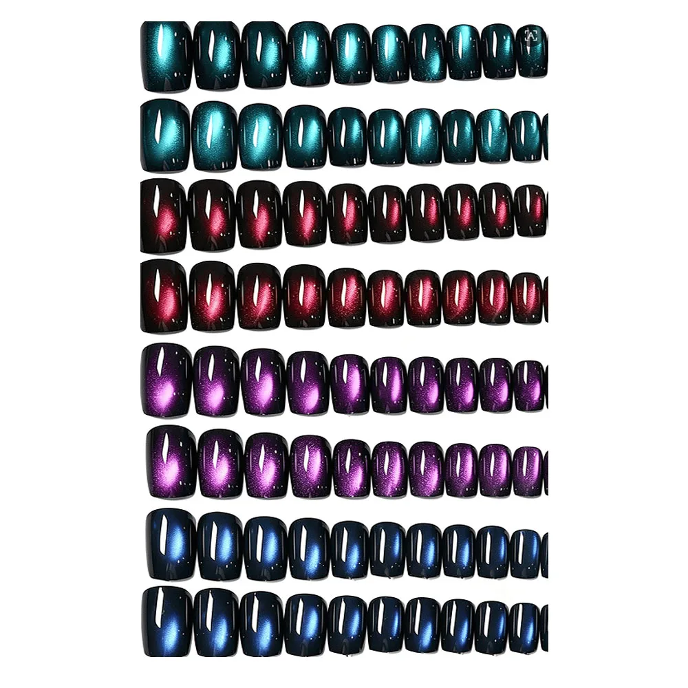 96pcs/set fake nails Gradient black red purple blue green cat eyes glossy shimmer square nail tips reusable press on false nail - view 5