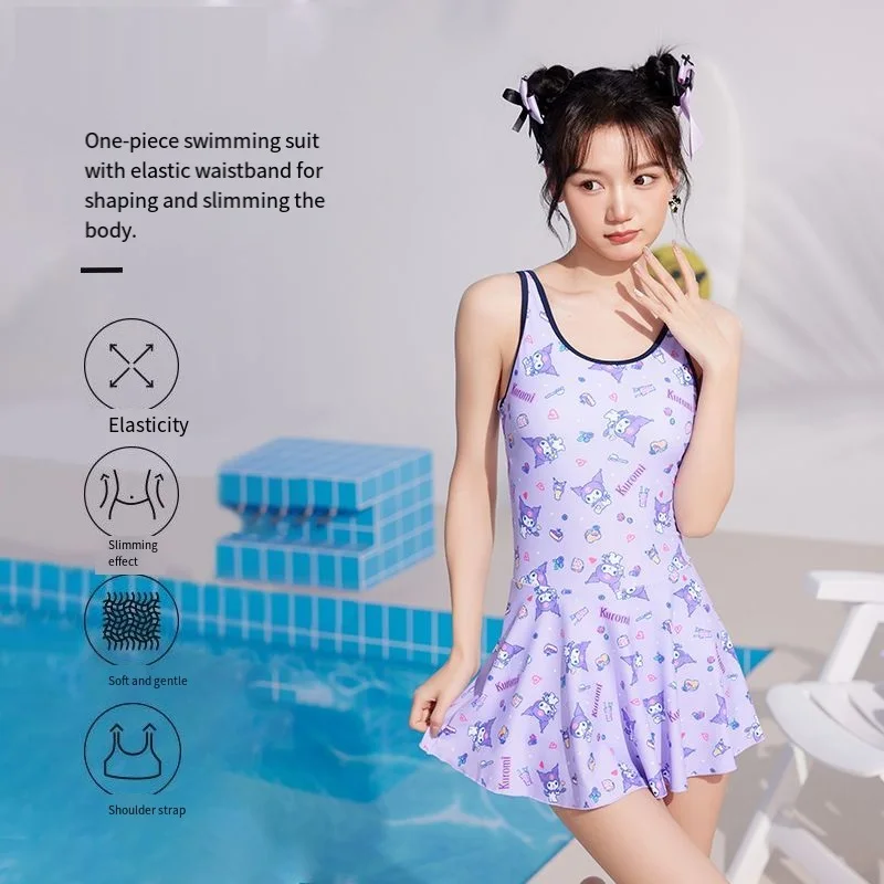 

Sanrio New Kuromi Print Cartoon One Piece Skirt Swimsuit Cute Girl Anti Exposure Meat Cover Slim Suit Vacation Casual Swimsuit