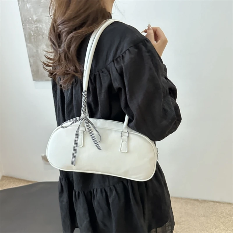 E74B Women Bows Shoulder Bag PU Leather Armpit Bag Large Capacity Handbag All-matching Underarm Bag Girls Shopping Bag