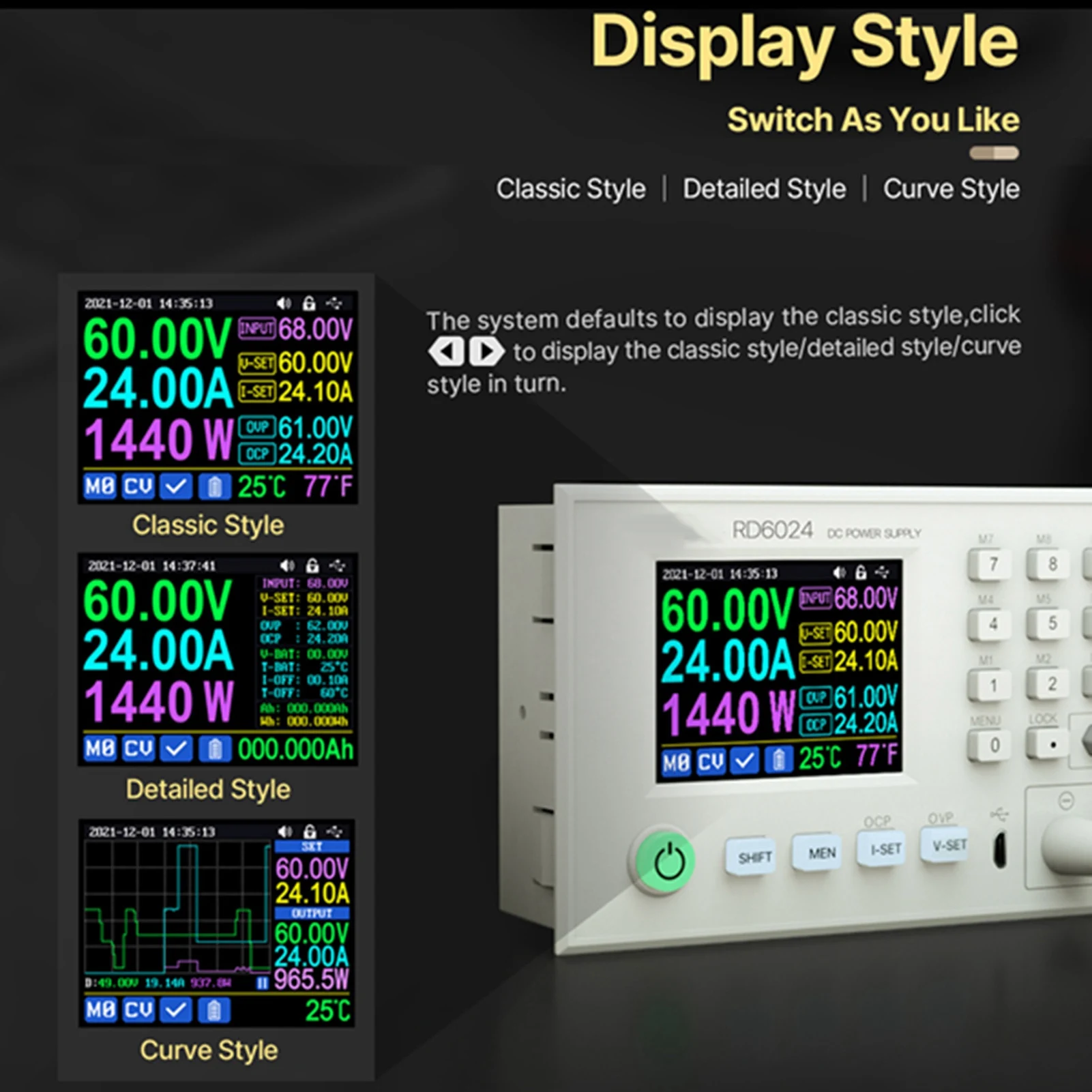 RD6024 RD6018 60V 24A WiFi/USB DC Adjustable Step Down Voltage Bench Color Display Data Storage DIY Power Supply Buck Converter