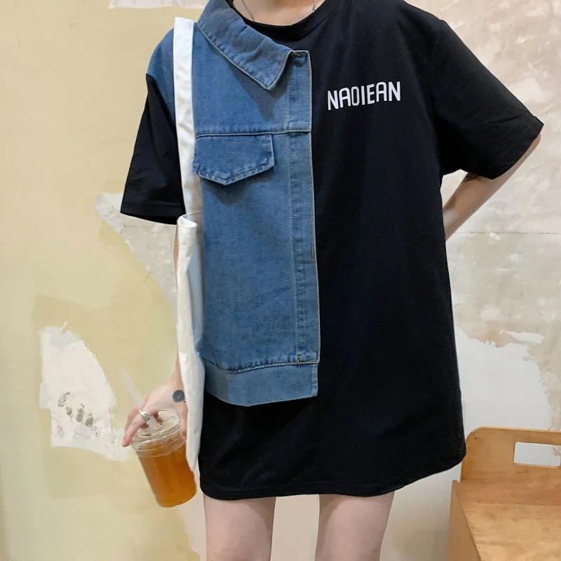 2025 Zuid-Koreaanse Denim Splicing Jurk Ronde Hals Korte Mouw K Mode Vrouwen Taille Aanscherping Onregelmatige T-shirt Rok