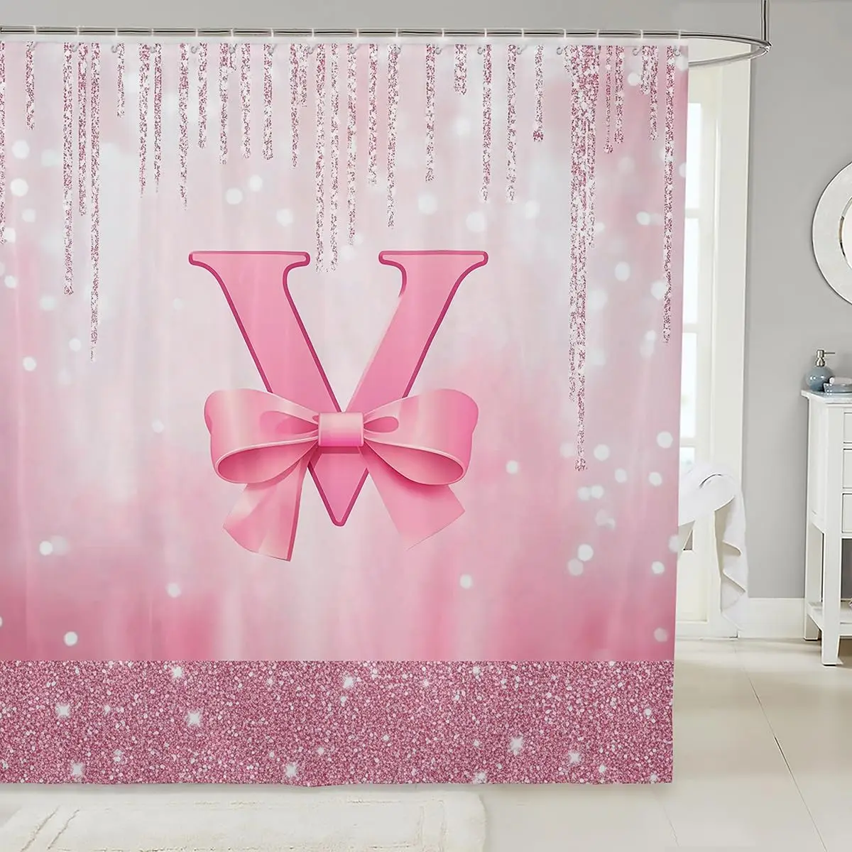 

Розовая занавеска для душа с бантом и буквой V, персонализированная монограмма с блестками, милый девичий декор для ванной комнаты