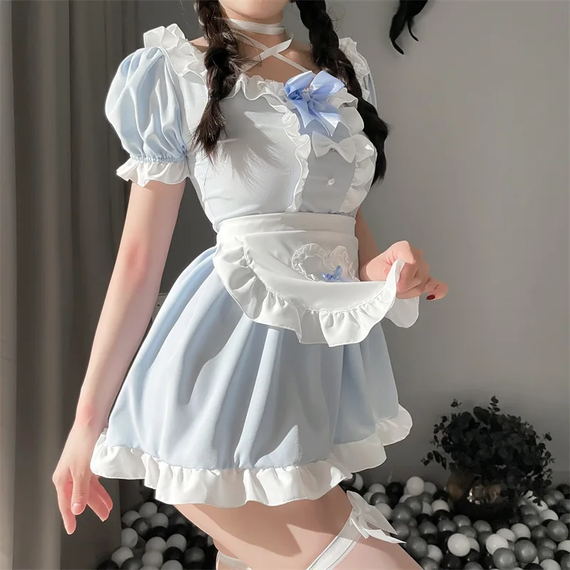 Blue Japanese Cute Girl Halter Dress Lolita Maid Pleated Dress Maid Outfit Schoolgirl Costume