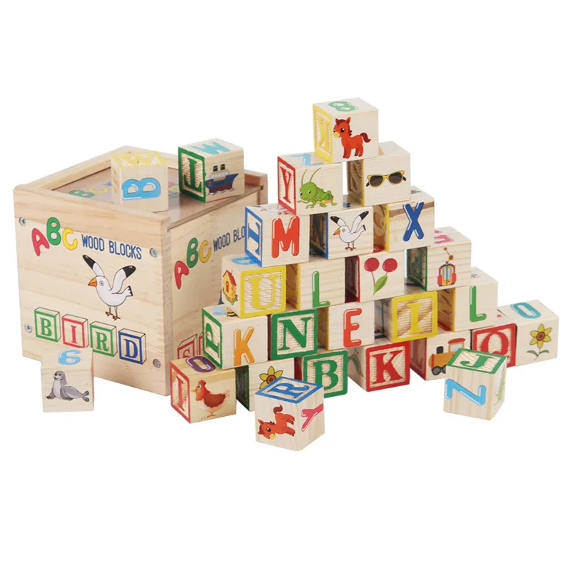 27pcs Alphabet Number Blocks Toy Colorful Cartoon Pattern Wooden Building Block Stacker Kids Baby Montessori Educational Toy