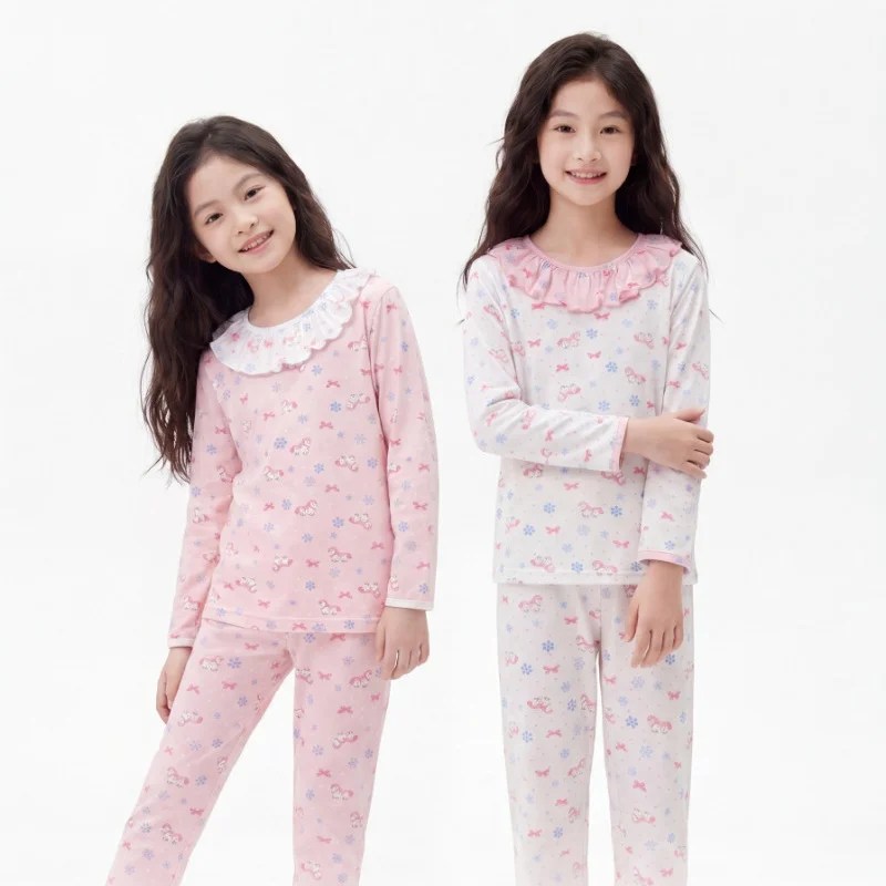 Autumn Children Sweet Style Pajamas Set Cute Pony Ruffle Collar Top+Pants 2Pcs Clothes for Girls Soft Kids Sleepwear