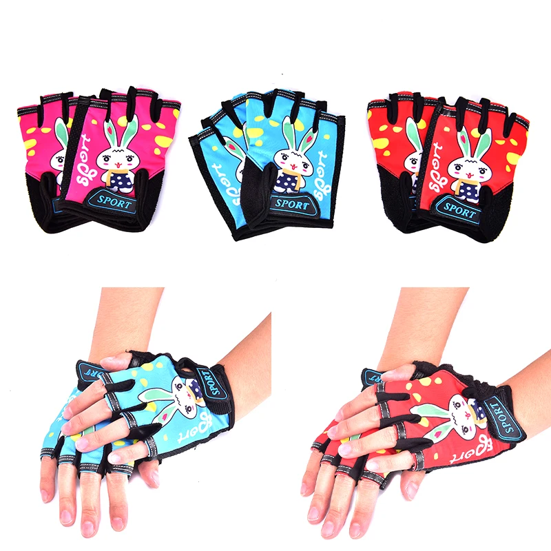 Bike Bicycle Gloves Kids Child Rabbit Outdoor Sports Non Slip Half Finger Gloves Quick-drying Clip-on Fitness Gloves