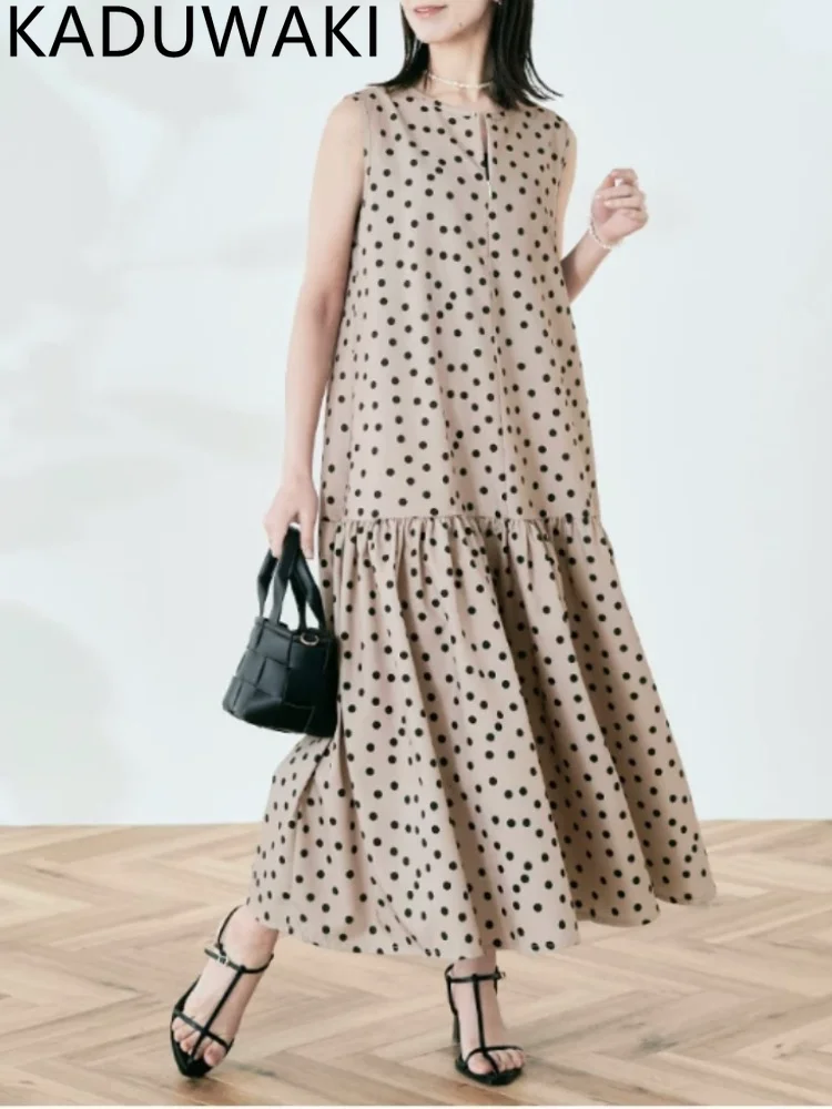 

Summer Sleeveless Fashion New Women Polka Dot Dress Korea Casual Loose Vest Dress Ladies Womens Cotton Pullover Long Dresses