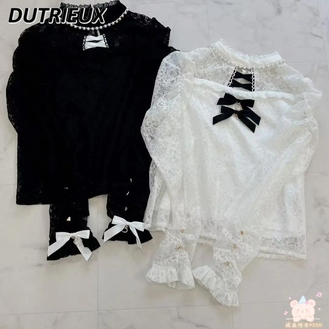 RJ Lolita Style Spring Autumn Women's Tops Lace Bow Love Beads Mass Production Clear Tie Long Sleeve Lace Shirt for Lady