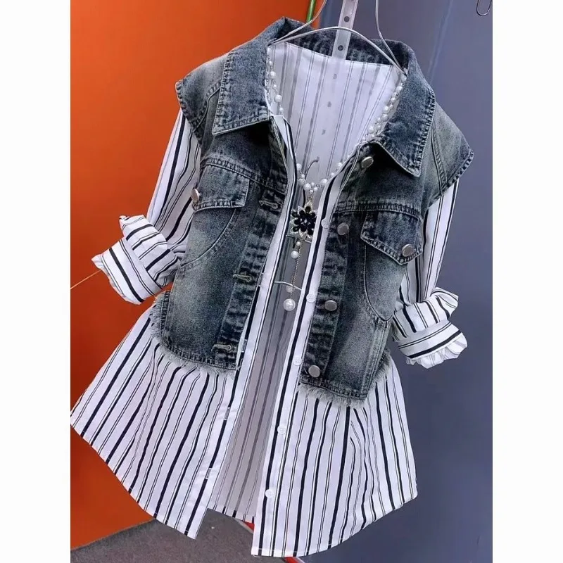 Foreign Wash Denim Splicing Striped Shirt Coat for Women 2025 Autumn Korean Version of Loose Meat Long Sleeve Shirt High Quality