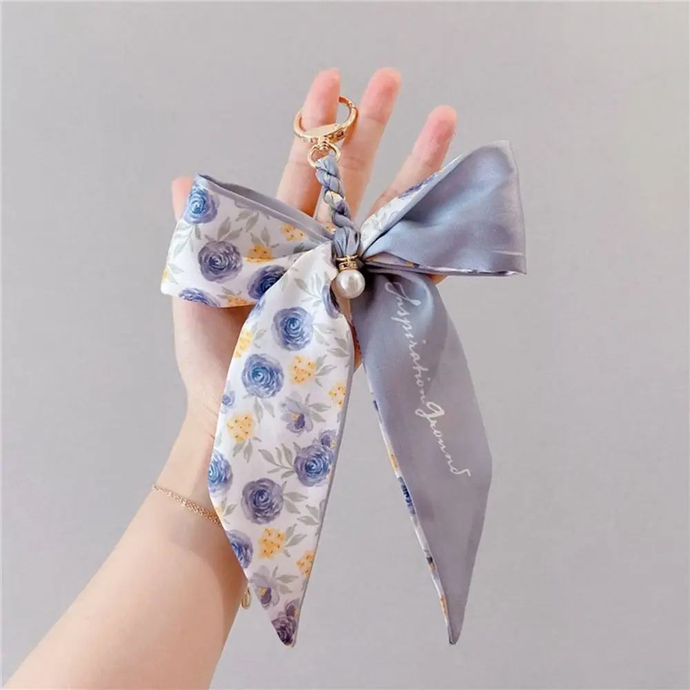 Plush Key Buckle Pearl Scarf Bow Keychain Flower Printed Bowknot Bag Pendant DIY Key Chain Bag Accessories Girl