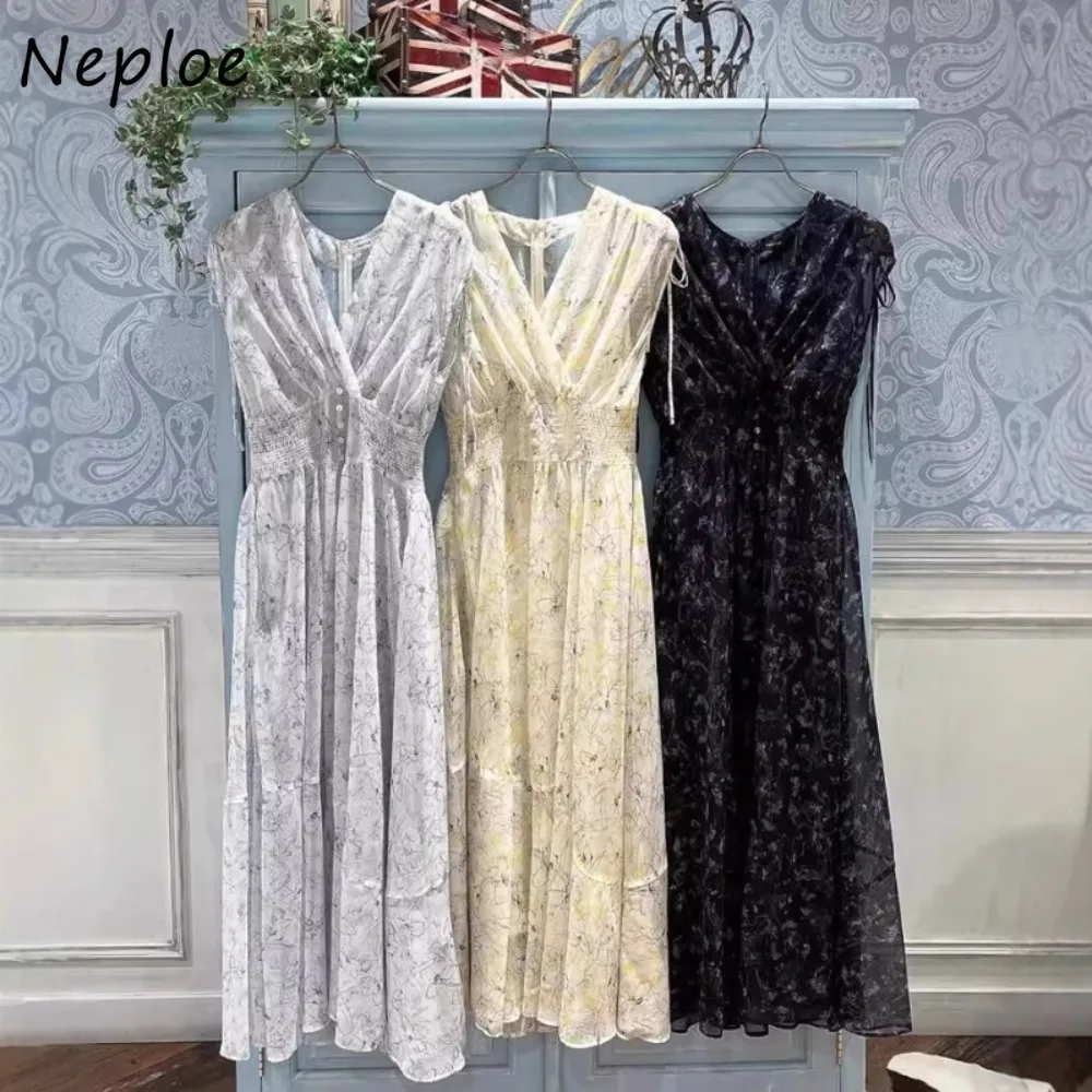 

Neploe Sweet Fresh New V Neck Vestidos Drawstring Print Stretch Waist Mid-length Fairy Dress Japan Elegant Slim Big Swing Robe