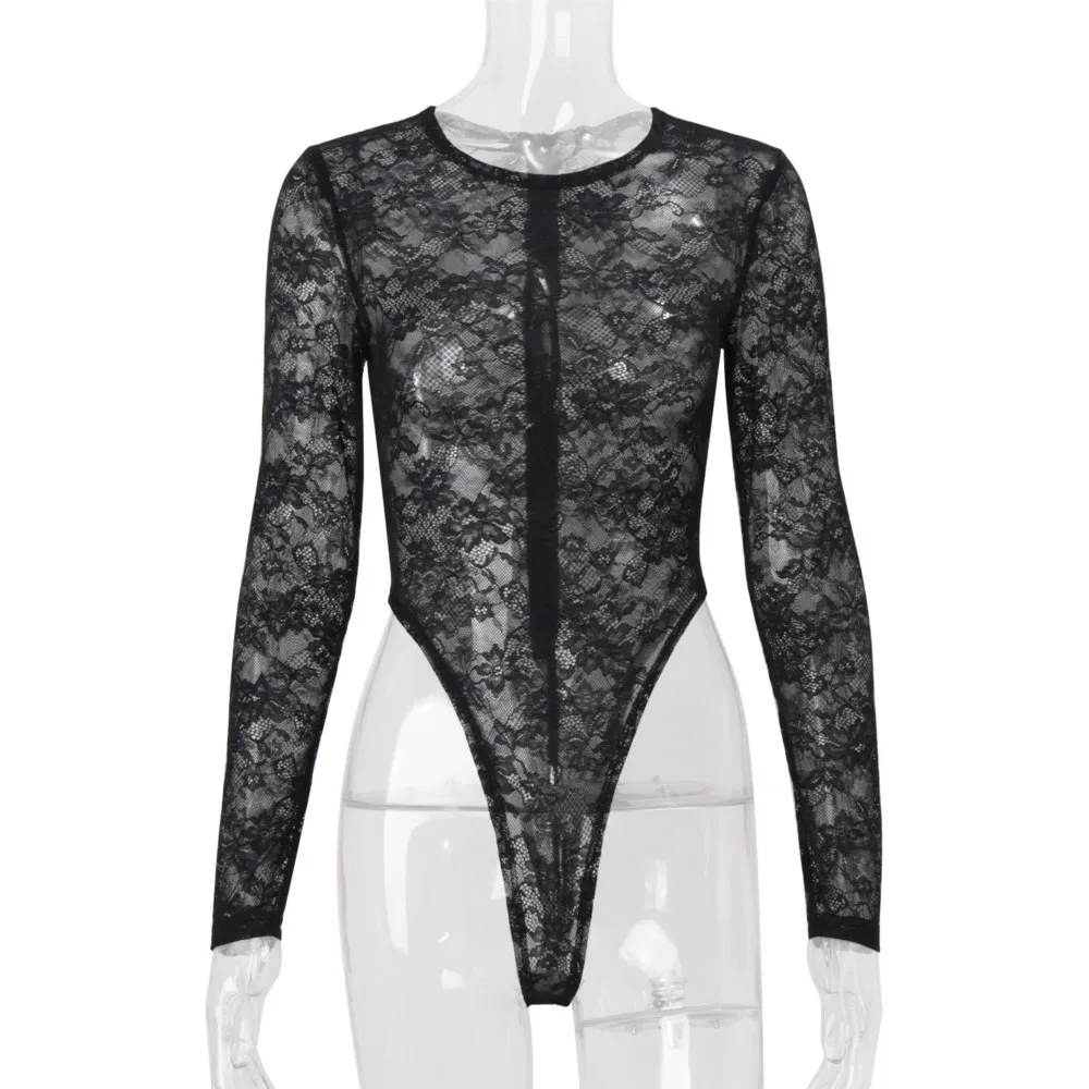 ملابس نسائية شفافة من خلال الدانتيل بدلة قفز مثيرة للنساء بأكمام طويلة بلون سادة ونحيف وبسيط يناسب الجميع #5