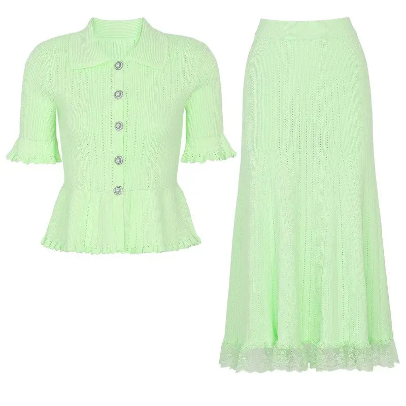 Fashionable Knitted Short Sleeve Top And Half Skirt Set for Women High Quality Summer New Style by Nan You
