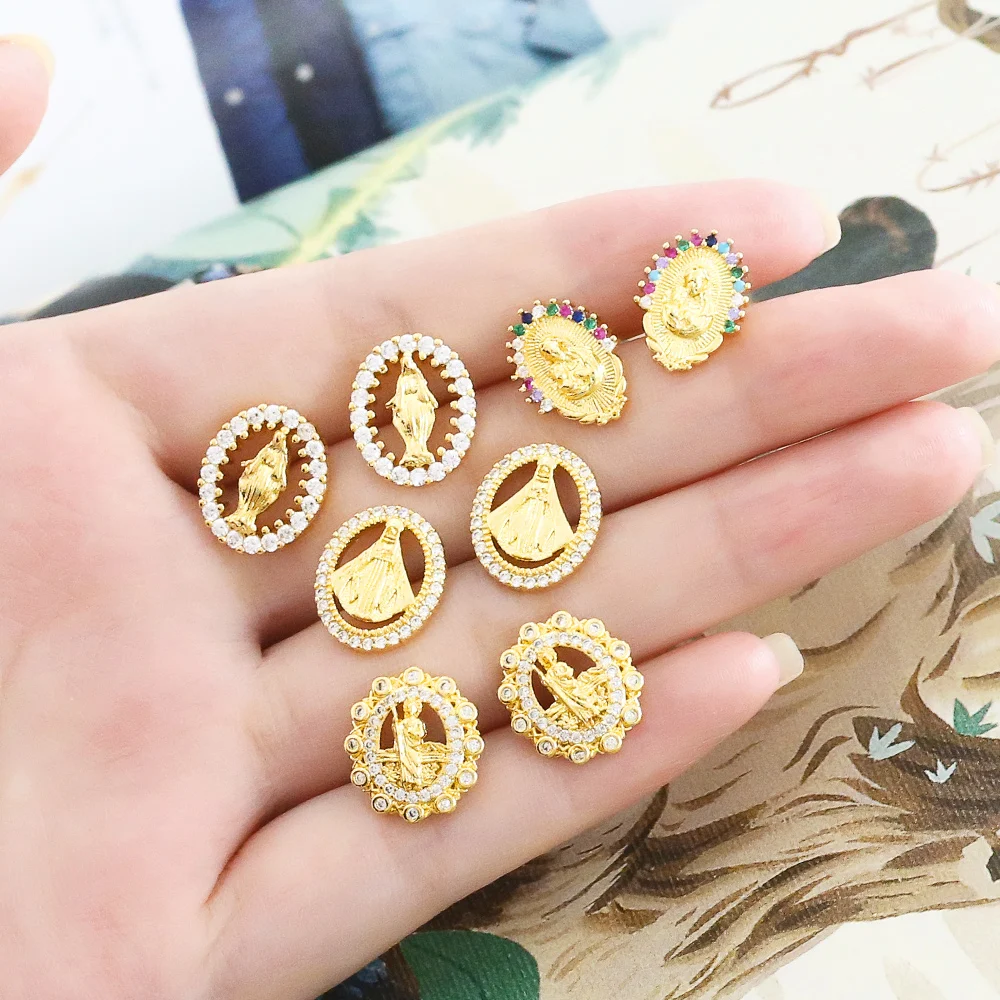 Mini pendientes de San Judas chapados en oro para mujer, pendientes redondos de cristal CZ de cobre Virgen del Pilar, amuleto, joyería ersu88