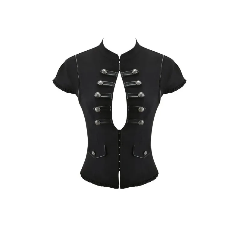 Dark retro punk style stand up collar with large water drip collar and tight waist metal buckle T-shirt
