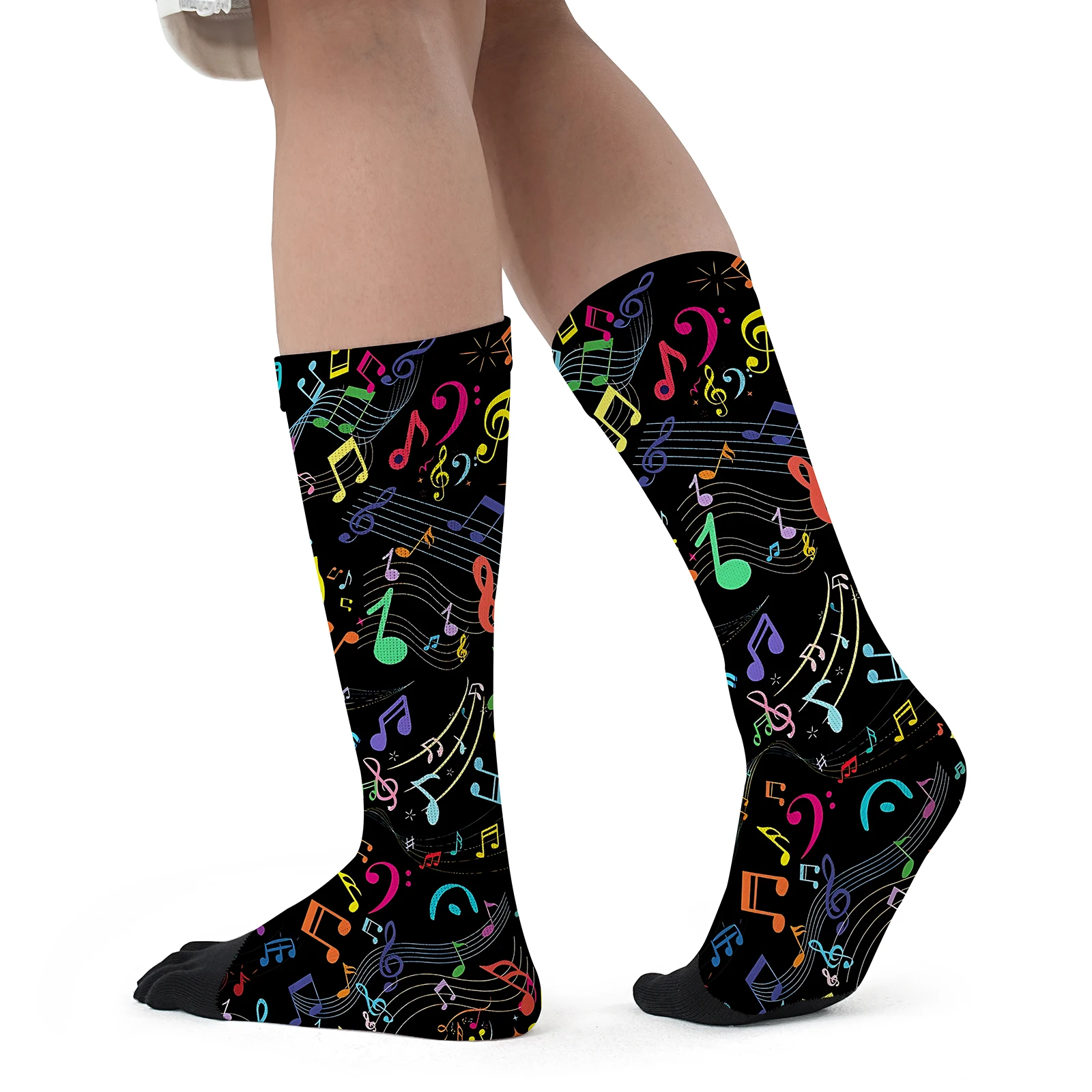 1 pair of bright neon colorful notes score Mosaic print personality mid-tube sports fashion five-finger socks party elastic