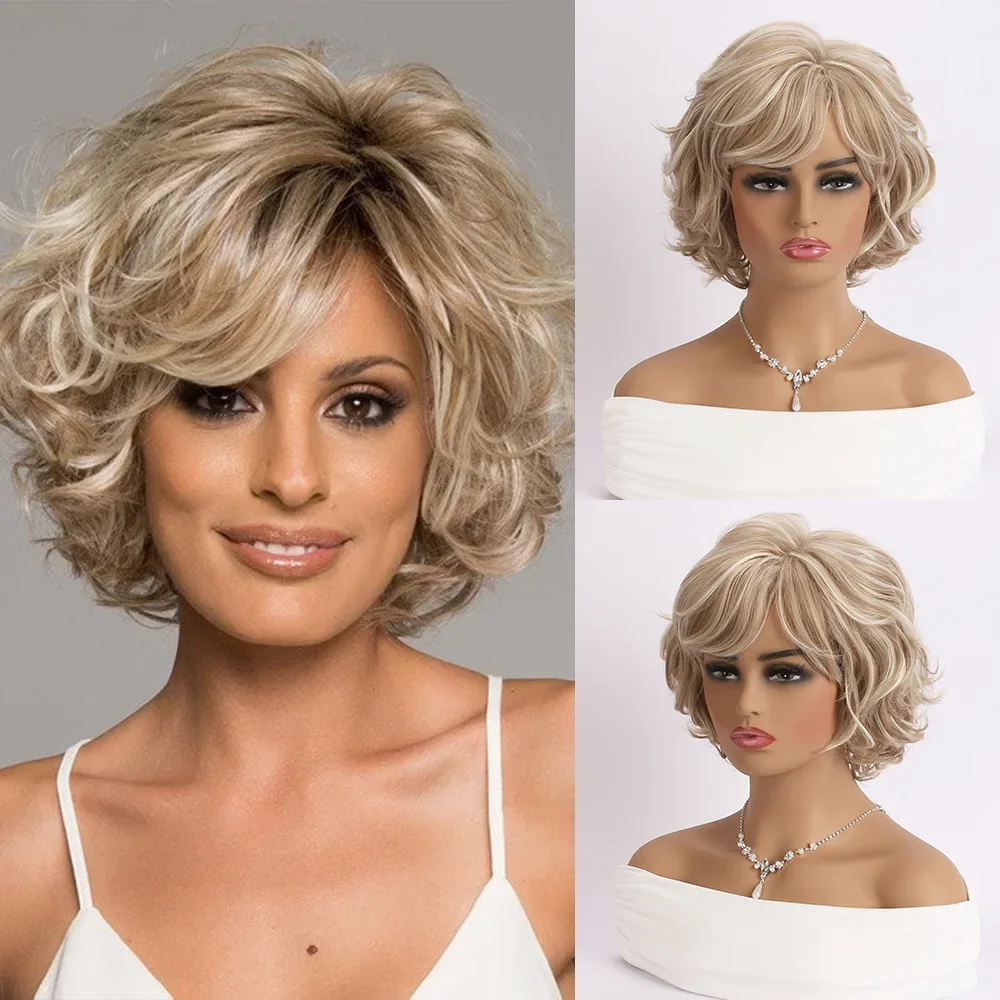 

WHIMSICAL Short Ombre Bob Wigs for Women Straight Synthetic Hair Wig with Bangs Fashion Grey Wig with Dark Roots