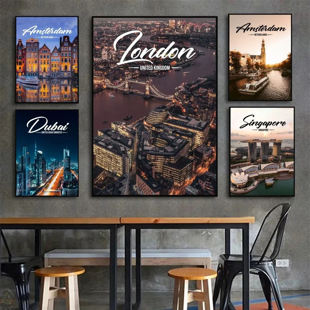 Famous Travel CitiesKuala Lumpur_Dubai_Amsterdam_Lisbon_ Poster HD Posters Home Room Bar Cafe Decor Art Wall Painting Picture