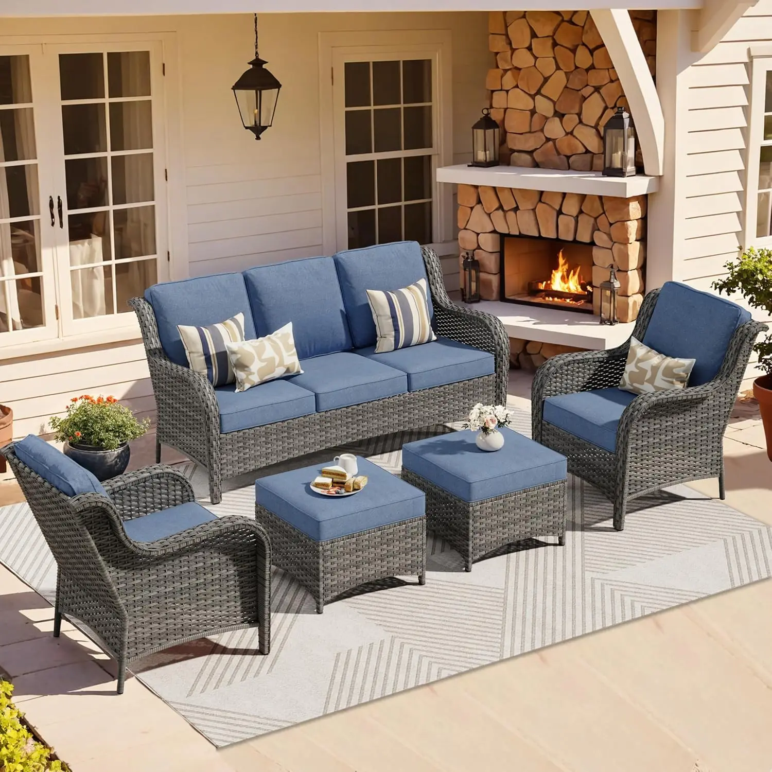 Patio Furniture Set 5 Piece Outdoor Wicker High Back Sofa with Comfy Cushions Ottomans All Weather Conversation Set Grey Blue