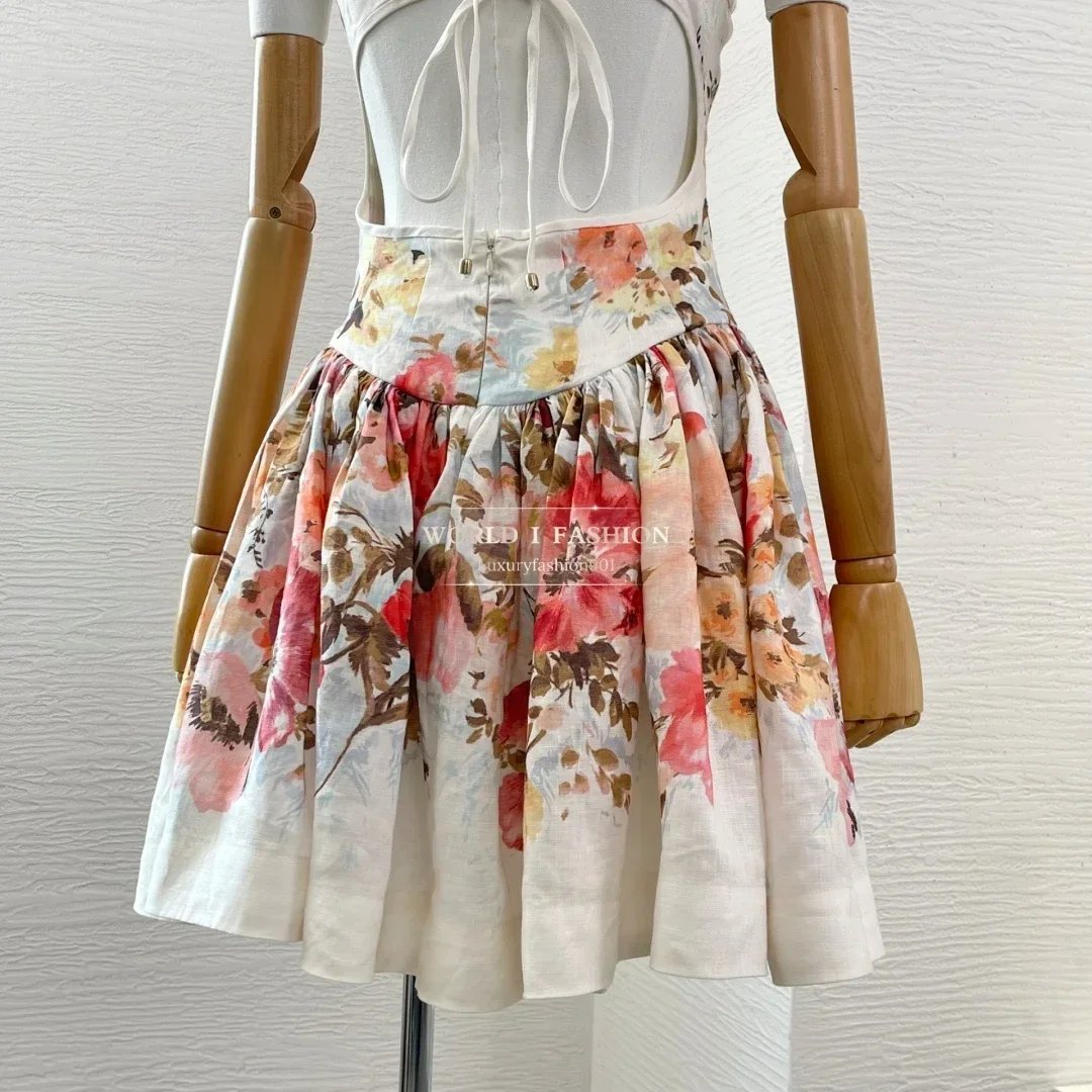 Minivestido de lino para mujer, novedad de verano, sin mangas, blanco, corte en A, estampado Floral, plisado, 2025