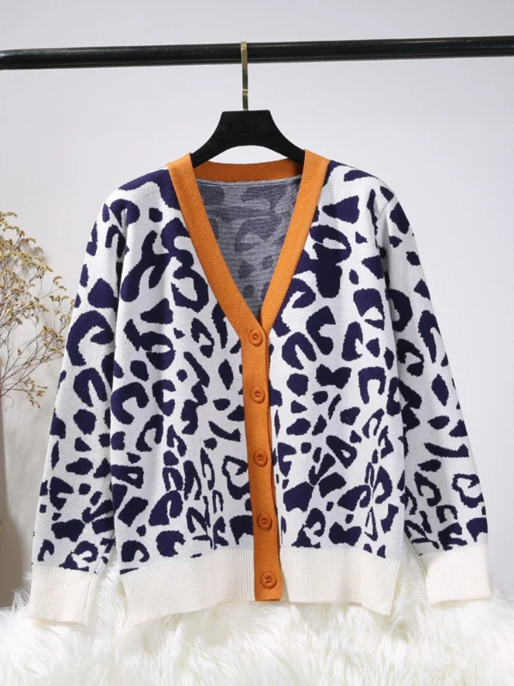 Cardigan for Women Autumn Leopard Pattern Women\'s Sweater Oversize Knitted Coat V-neck Loose Thick Cardigan Female 2024