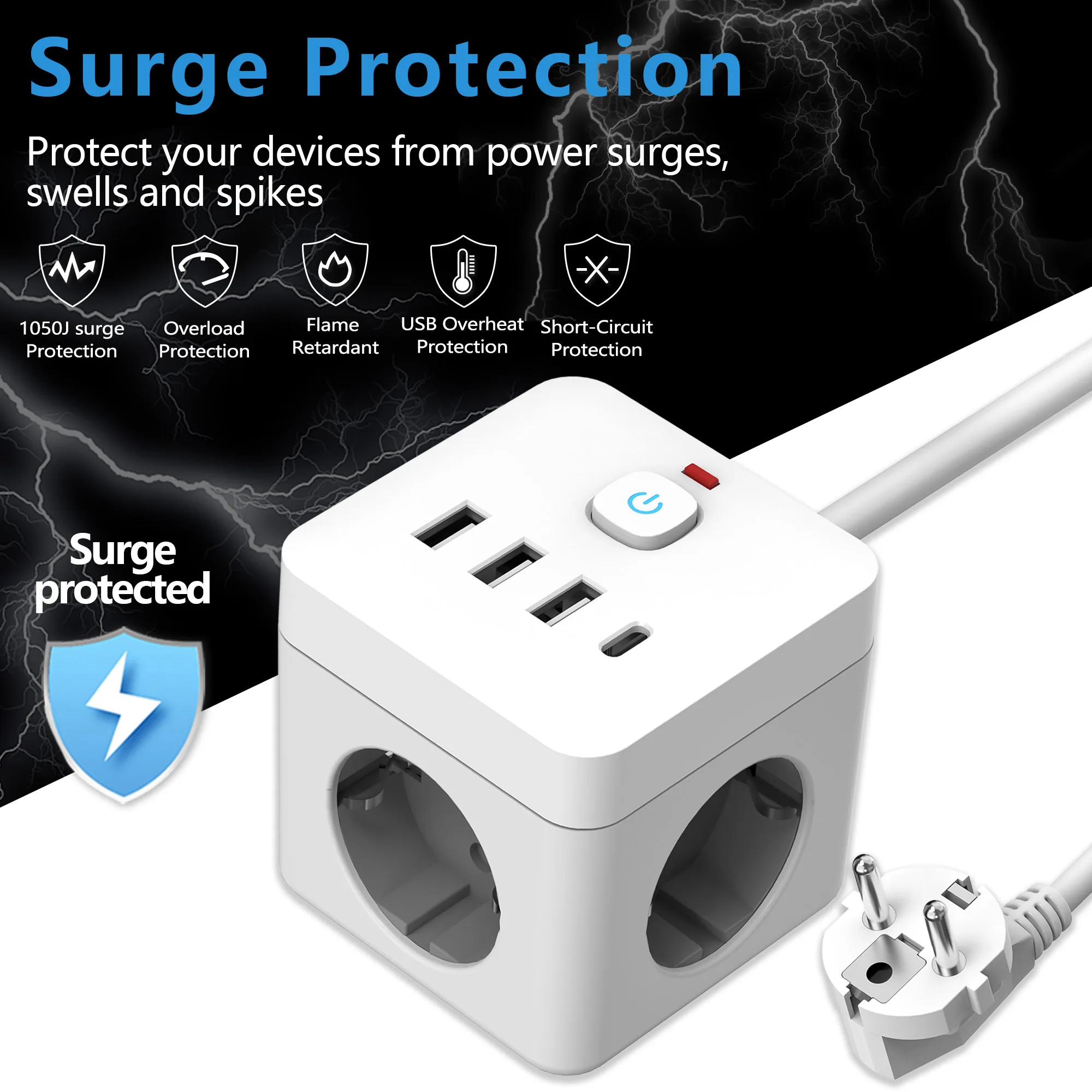 7-in-1 EU Power Strip, Power Strip Surge Protector, 3 AC Outlets 3 USB 1 Type-C, Desktop Charging Station With Overload Protecti