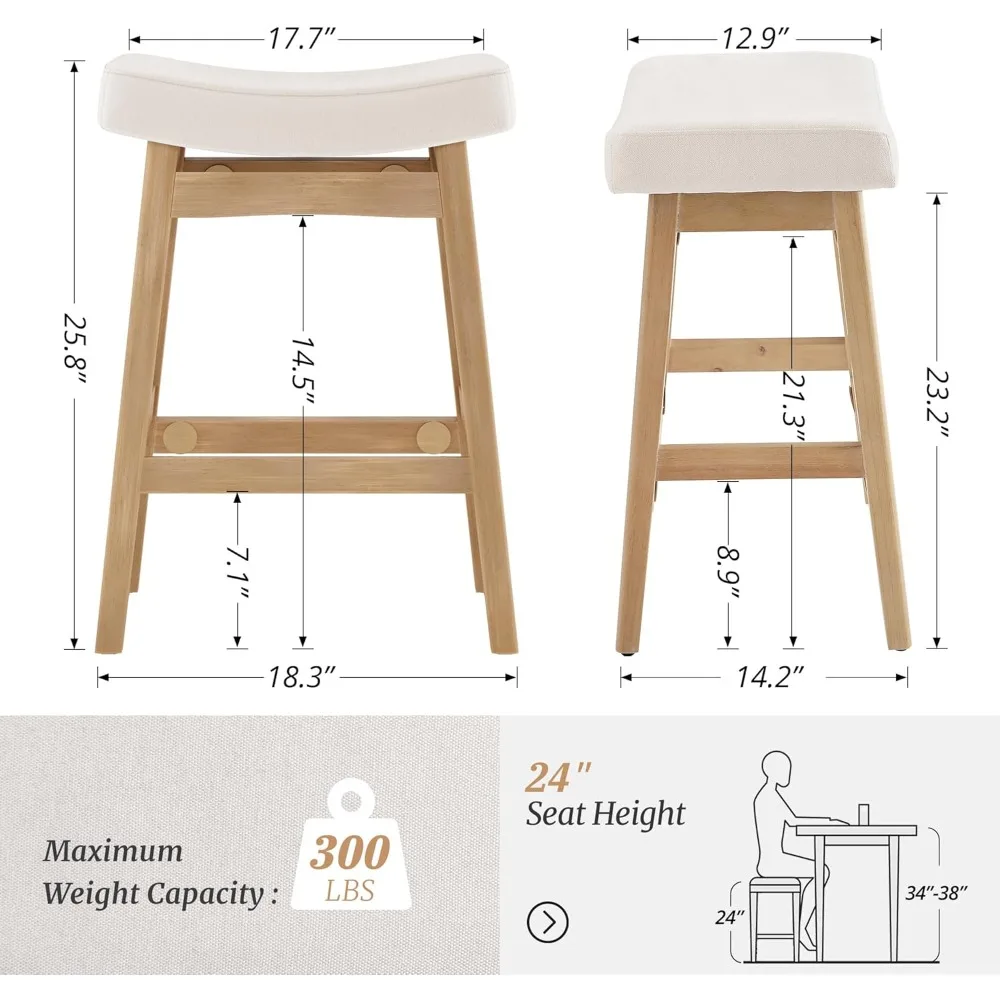 Bar Stools Set of 3, Barstools with Sturdy Wood Legs, Saddle Seat Counter Height Bar Stools for Kitchen Counter, Bar, Dining