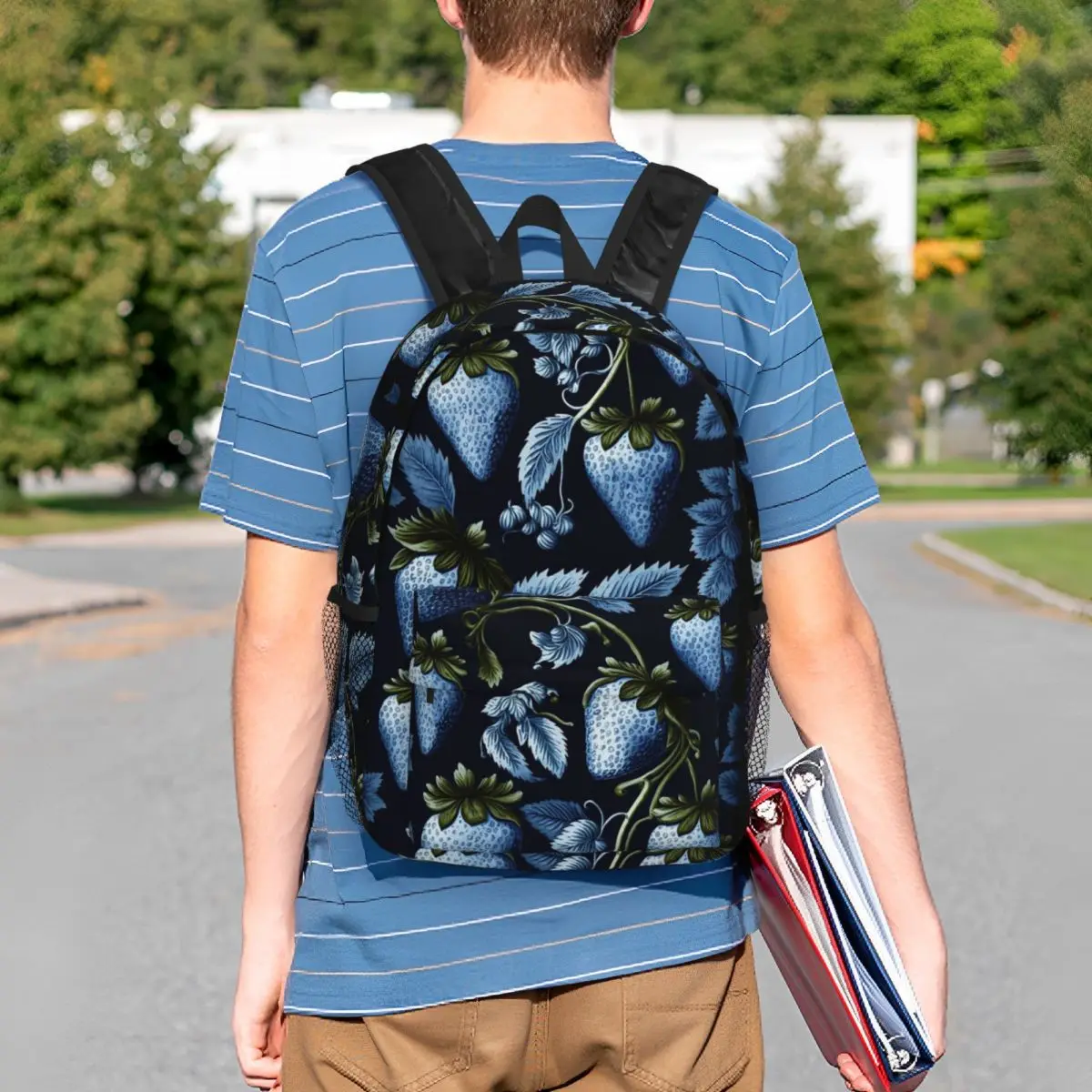 Cute Blue Strawberry On Black Pattern Backpack Student BookBag Kids School Bag Laptop Shoulder Bags for Boys Girls