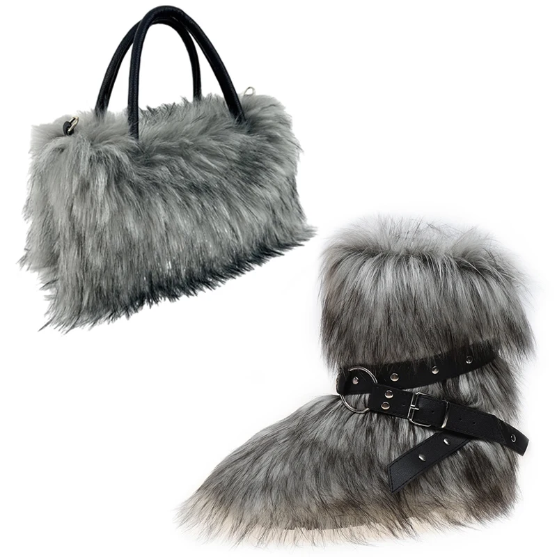 2024 Winter New Plush Fur Snow Boots Women's Cross Belt Slim Warm Short Pain Cotton Boots Fashion Imitation Raccoon Hair Handbag