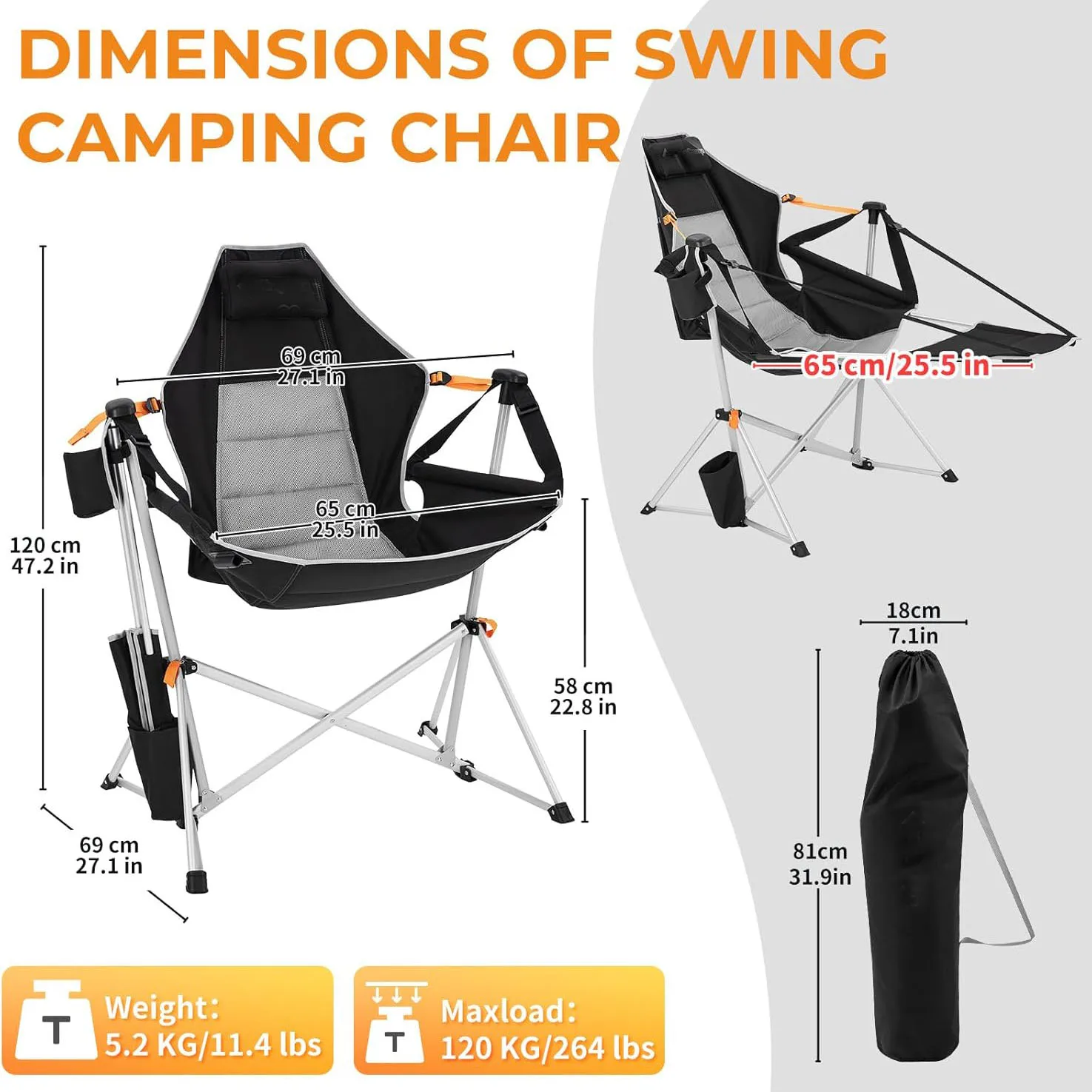 Aluminum Adjustable Back Swing Chair Folding Hammock Rocking Chair with Removable Design