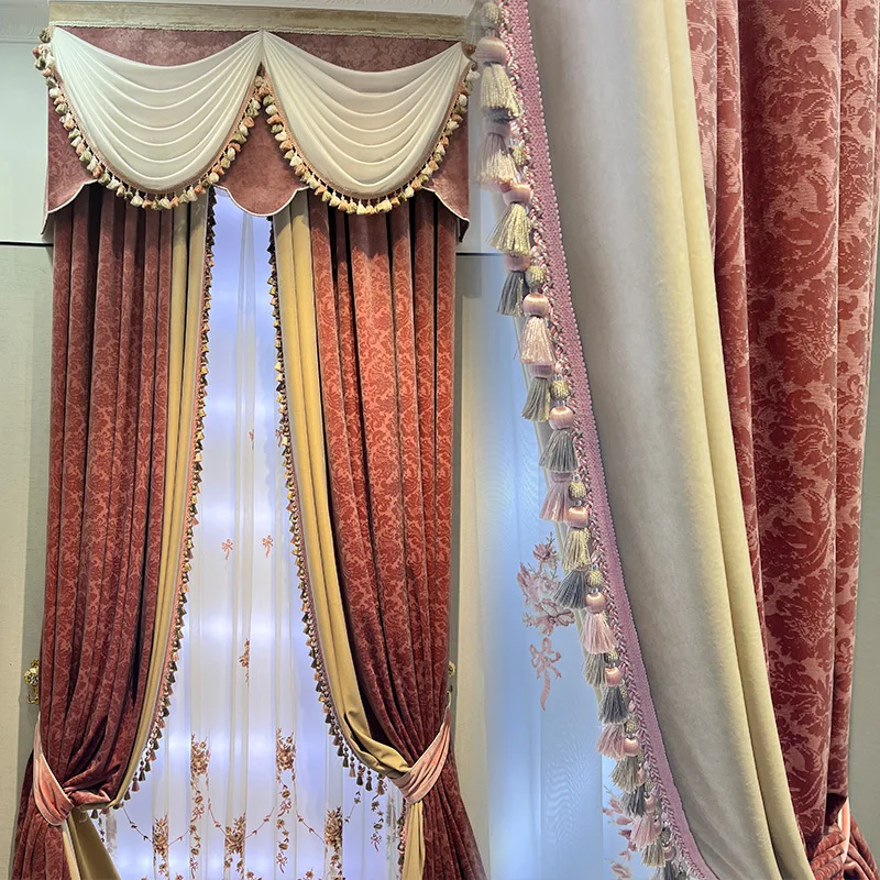 

Custom French balcony romantic girls bedroom pink embroidery thick velvet cloth blackout curtain tulle valance drape C1646