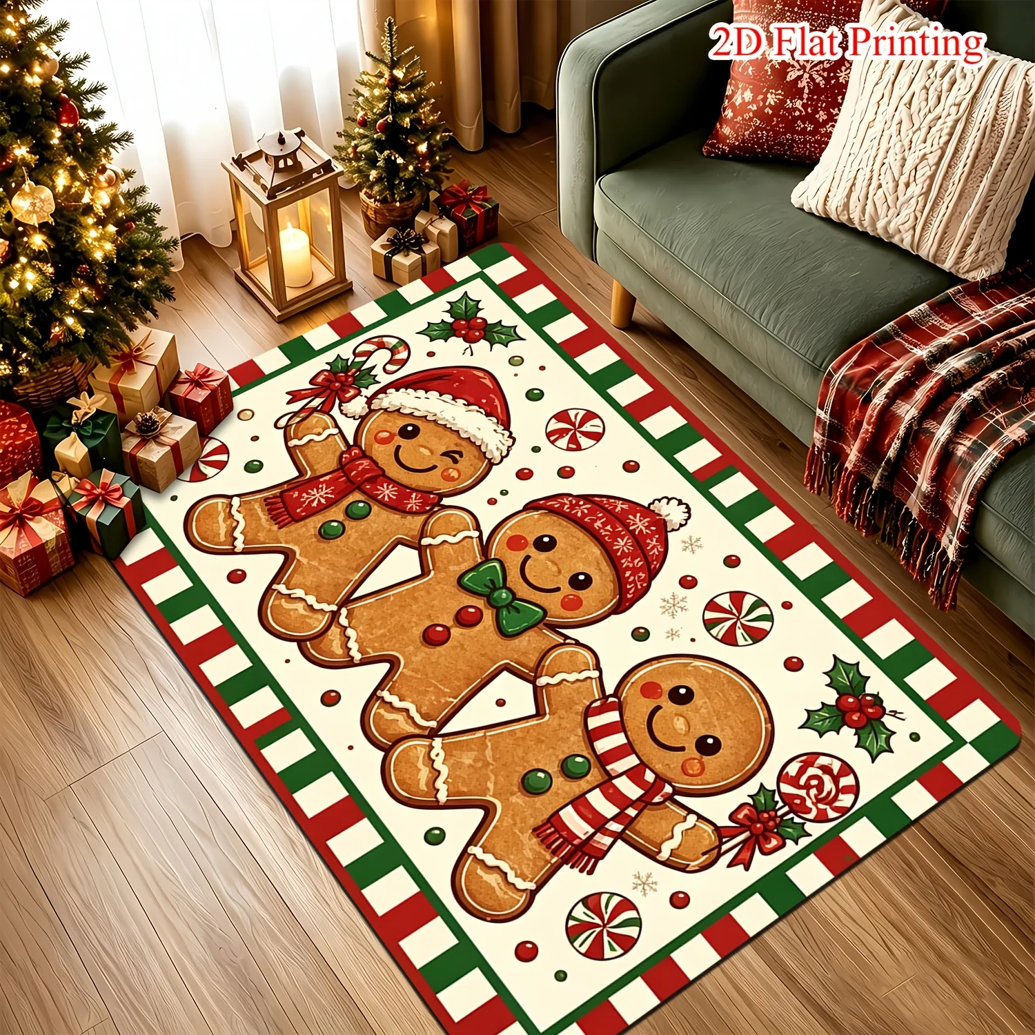 Gingerbread Man Christmas Area Rug 2D Flat Printing Living Room Carpet Candy Plaid Floor Mat Xmas Holiday Home Decor Rugs