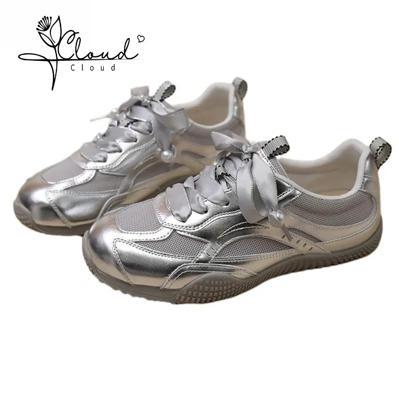 

Women's German Training Women Flat Shoes 2024 Summer Pearl Mesh Breathable Forrest Gump Shoes Soft Sole Silver White Sneakers