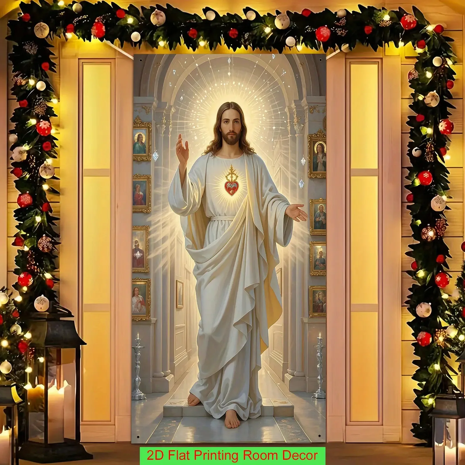 Jesus Sacred Heart Door Cover Religious Christian Polyester Door Banner Wall Hanging Home Entrance Living Room Party Decor