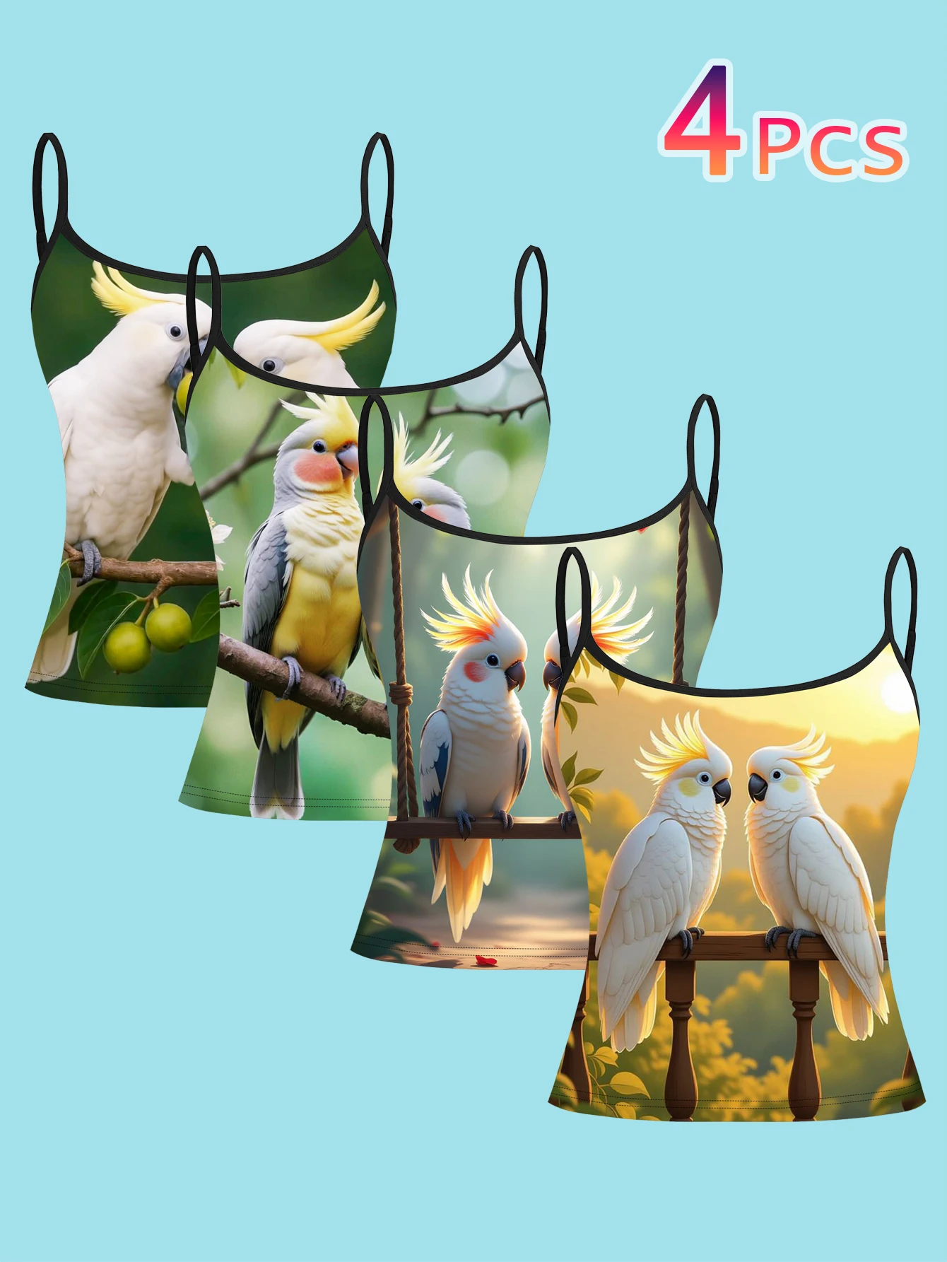 4-Piece Set of Cute Cockatiel and Parrot Patterned Camisole Outfits, Forest Bird Women's Spaghetti Strap Undershirt