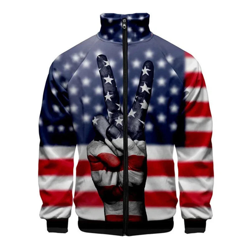 USA Flag American Stars And Stripes 3D Stand Collar Jackets Men Women Zipper Jacket Casual Long Sleeve Jacket Coat Clothes Male